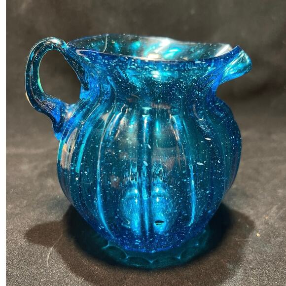 Hand Blown Creamer Pitcher Copper Blue, 4 in. - Picture 2 of 6